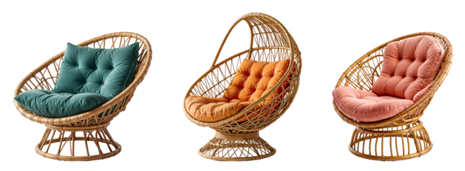 Collection of various Woven wicker chair with cushion and round backrest isolated on transparent background