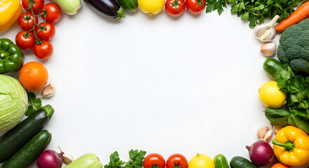 Fresh vegetables and fruits arranged as a colorful frame with copy space