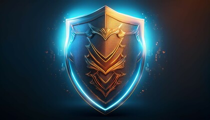 glowing shield symbol with a textured surface on a dark background