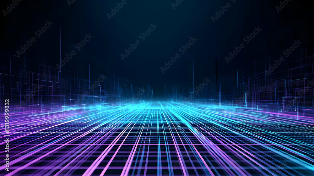 Poster futuristic digital cityscape with glowing neon grid lines in blue and purple on dark background crea