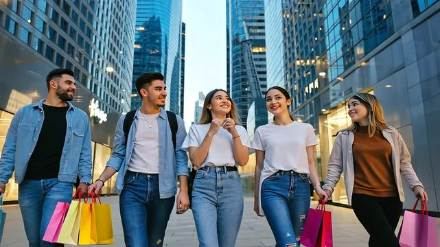 Frames A group of stylish young friends laughing as they walk down a bustling city str a-2, 37308571