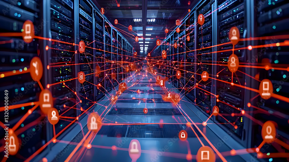 Aufkleber abstract data center interior with red network lines and digital icons