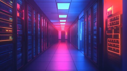 Fototapeta premium Neon Lit Server Room: A Futuristic Data Center Corridor