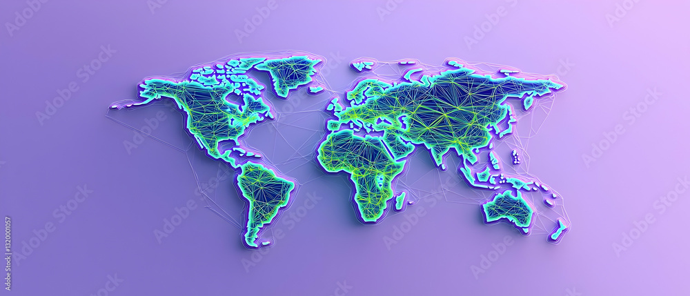 Poster 3d rendered world map in teal and green on a purple background with extruded effect and pixelated te