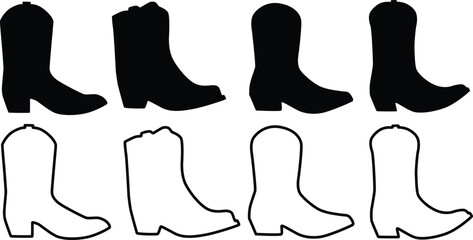 Cowboy Boot Silhouette Flat And Outline Icon Design