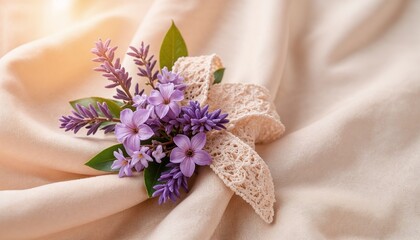 elegant lavender boutonniere with lace ribbon on soft fabric, delicate floral accessory for prom night, wedding, or special formal celebration