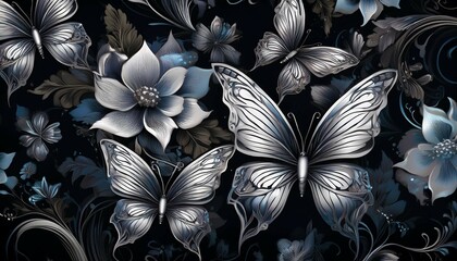 a dark and vibrant pattern of gothic flowers and butterflies with metallic silver highlights on a black backdrop