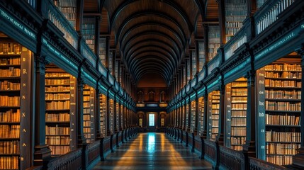 Fototapeta premium Long Library Hallway with Bookshelves