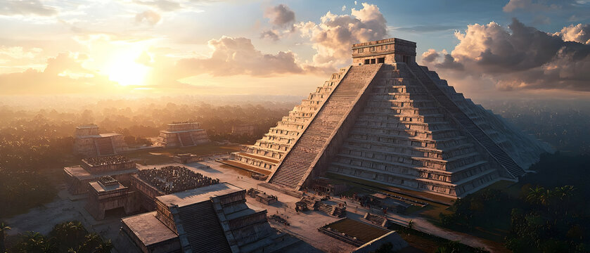 Majestic Ancient Pyramid At Golden Hour With Dramatic Clouds In The Background
