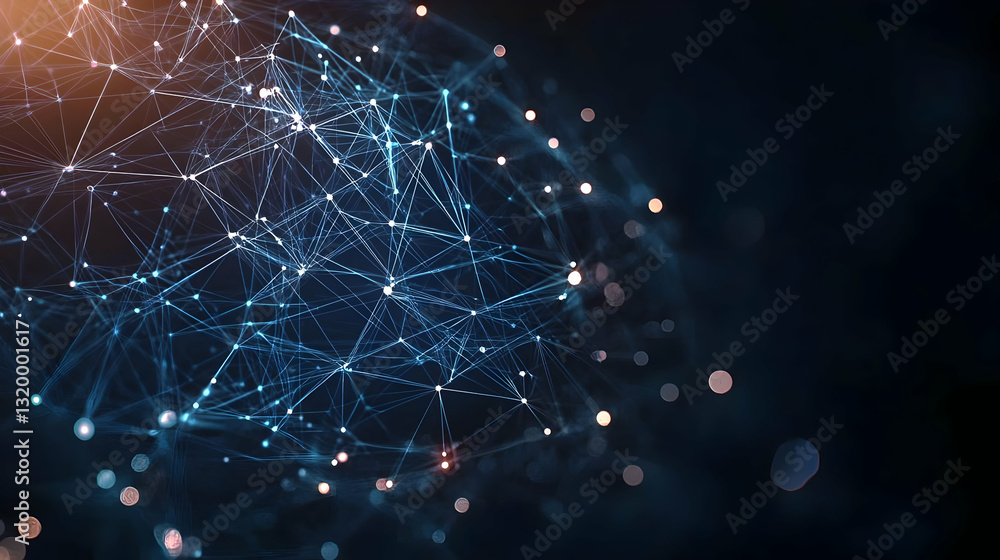 Poster abstract blue network of interconnected points and lines on a dark background with a soft glow repre