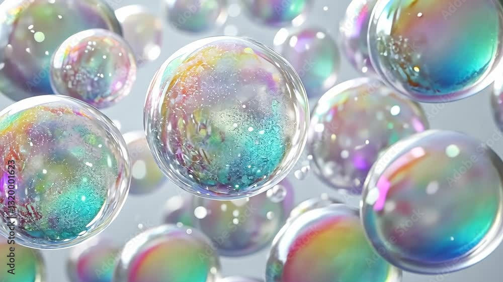Poster circular patterns in soft pastel colors with hints of glitter, resembling abstract snow globes float