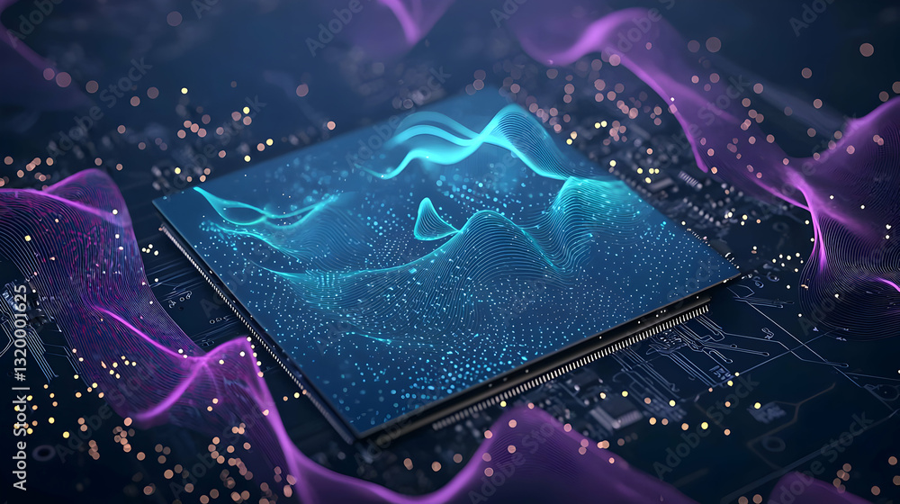 Poster close up of a futuristic microchip with flowing blue and purple data waves on a dark circuit board i