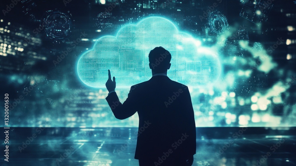 Aufkleber cloud computing: businessman interacting with digital cloud interface