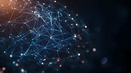 Fototapeta premium Abstract Blue Network of Interconnected Points and Lines on a Dark Background with a Soft Glow Representing Global Communication Technology