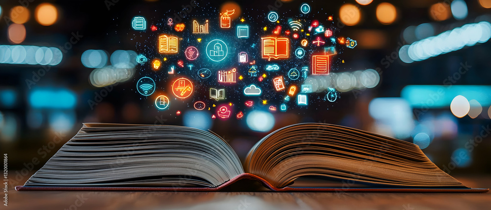 Poster open book with glowing digital icons emerging on blurred background in pixel art style