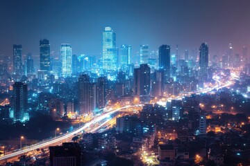 Fototapeta premium Night cityscape panorama with illuminated skyscrapers and highway.