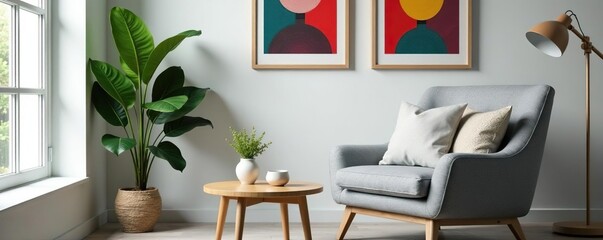 Grey armchair beside wooden table, living room plant, artwork , green, sofa, grey