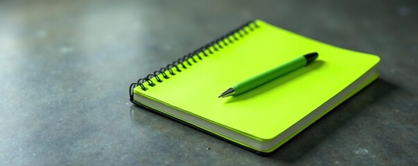 Lime green notebooks, open & closed, pen on concrete , textured background, diary, concrete