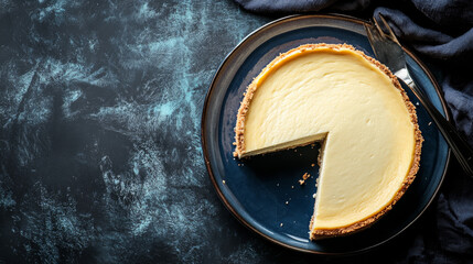A top-down view of a homemade cheesecake served in a blue porcelain dish