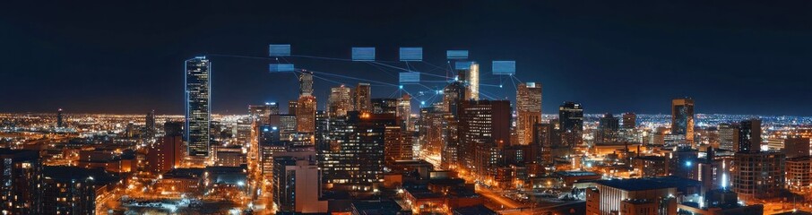 Obraz premium Night cityscape with digital network connections.