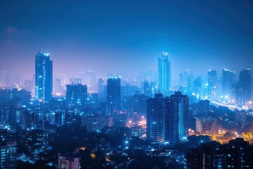 Night cityscape, skyscrapers illuminated, hazy skyline.