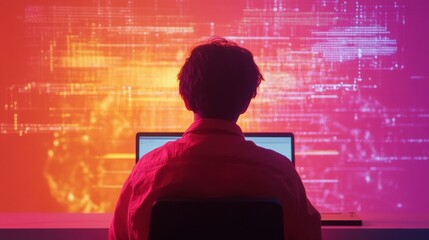 Student engages in virtual learning with AI technology illuminating their workspace in a vibrant environment