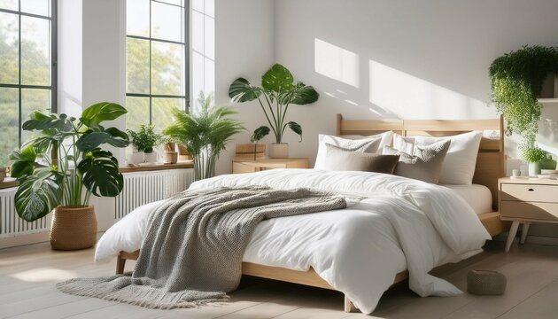 cozy and inviting bedroom with white bedding and decorative plants in natural light