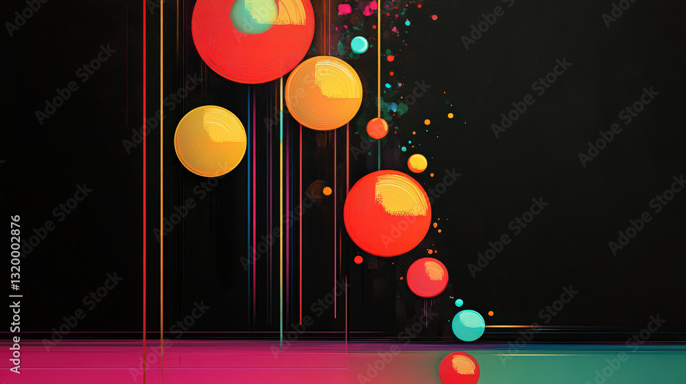 Poster bright abstract design featuring colorful circles on dark background, creating vibrant visual effect