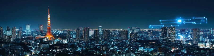 Fototapeta premium Night cityscape with tower and digital network.