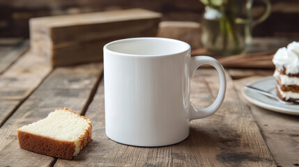 Fototapeta premium A white coffee mug and a slice of cake set on a wooden surface, perfect for breakfast