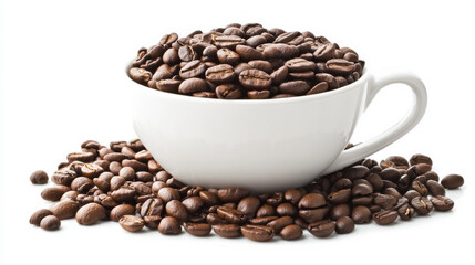 A white cup filled with coffee beans against a white background