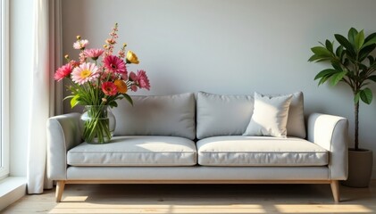Soft grey sofa, vibrant wildflowers in glass vase , high quality, elegant