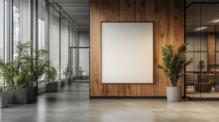 Modern Office Interior with Blank Frame and Indoor Plants for Display