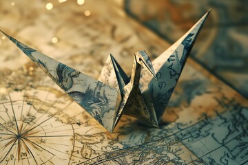 Paper Crane Origami Resting on an Antique World Map Illustration