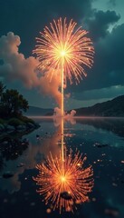 Golden firework blossoms mirror in still water, stormy clouds above , golden, beautiful, display