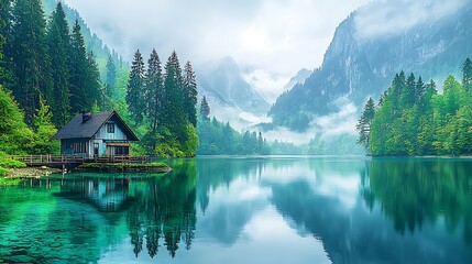 Fototapeta premium Serene Lakeside House Mountain Reflection Nature Landscape