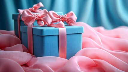 Pastel Presents: Two Blue Gift Boxes with Pink Ribbons on Pink Fabric - Powered by Adobe