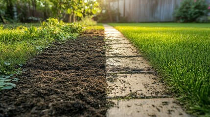 Obraz premium A before and after comparison of a lawn, one side overgrown and patchy, the other side freshly mowed and green, demonstrating professional lawn care service.