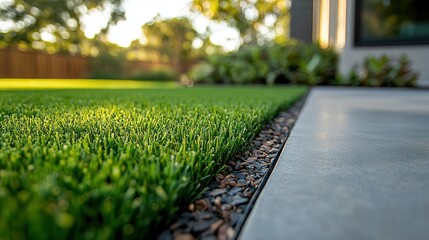 Fototapeta premium A close up of a freshly edged lawn next to a concrete walkway, showing clean and precise edges that highlight professional lawn maintenance.