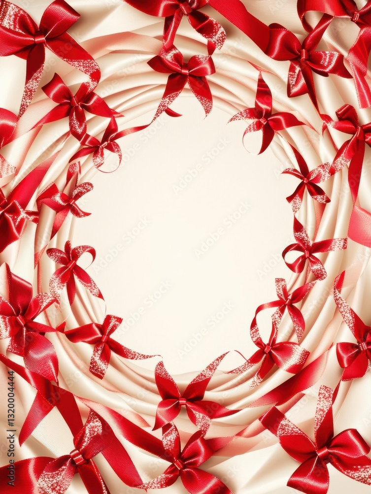 Poster Spiraling red ribbons and bows create an elegant background design for events or celebrations with a clear central space