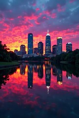 Fototapeta premium Dusk light paints Austin's skyline onto glassy lake water, night, dusk