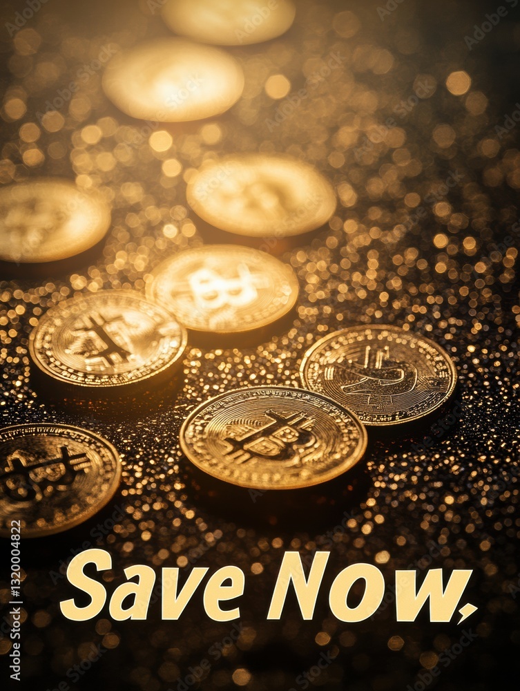 Poster Golden coins and banknotes create a captivating display with the message Save Now, expertly highlighted for emphasis and visual appeal