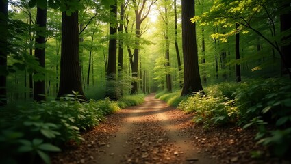 Obraz premium A serene, low-angle, drone shot capturing the gentle undulations of a winding forest path