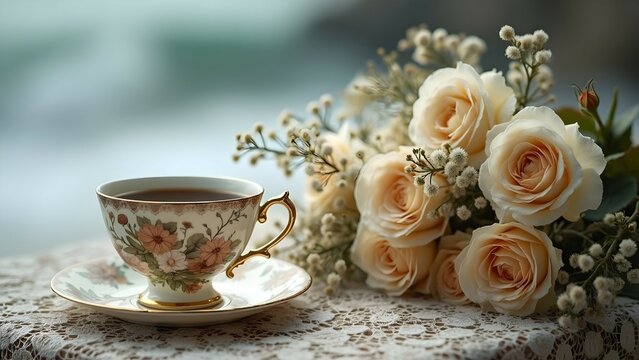 Cream and white teacup on lace at seashore