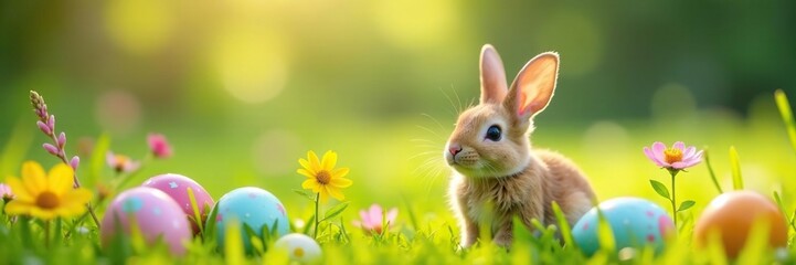 Fototapeta premium Smiling bunny surrounded by decorated eggs and blooming wildflowers on a lush green meadow , wildlife, cheerful, holiday