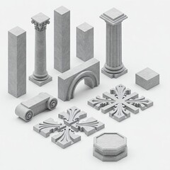 3D Pillar and Clean Concrete Ornament Designs – Isometric Bird’s Eye View on White Background
