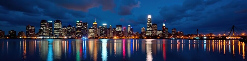 Illuminated Boston skyline reflected in dark harbor water, night, architecture