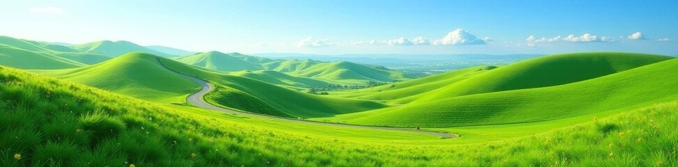 Fototapeta premium Rolling green hills, winding country road, clear blue sky , serene, idyllic, asphalt