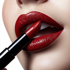 Obraz premium Close-up of Beautiful Red Lips with Lipstick and Glossy Finish