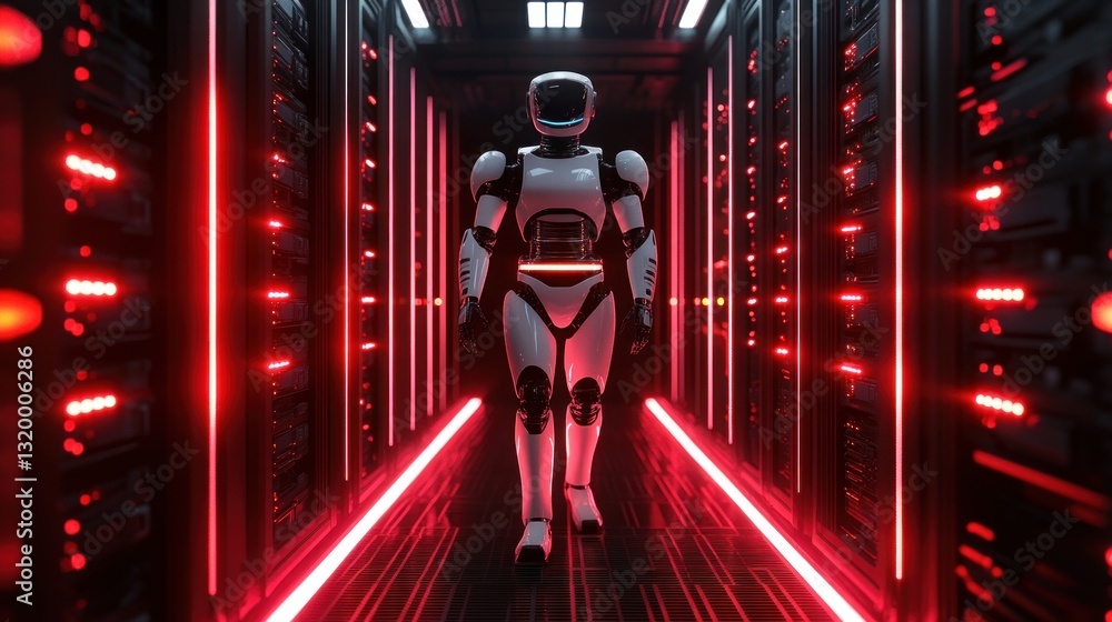 Poster futuristic robot walking in a red lit data center
